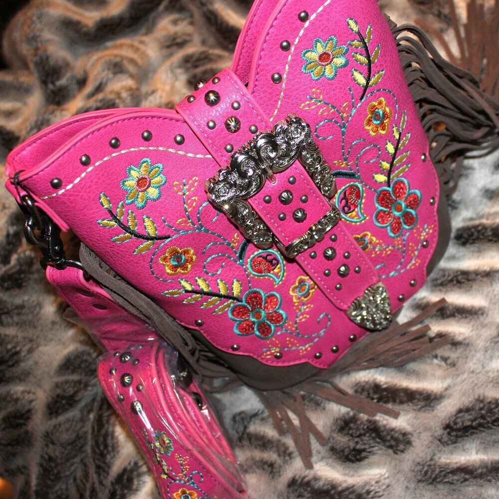 Montana West Western Hot Pink Handbag Silver Belt Buckle Hippie Fringe Purse